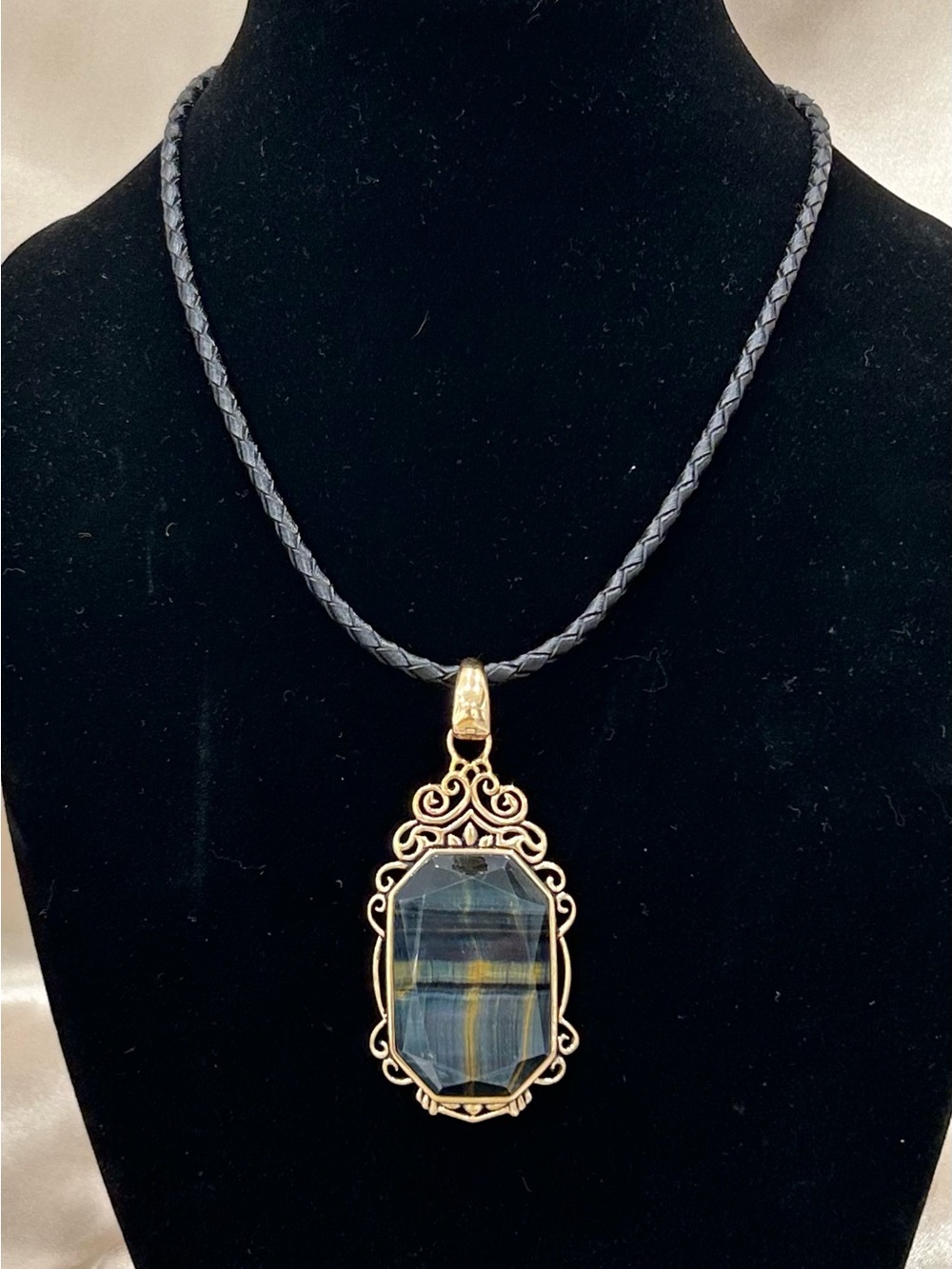 Barse Gold-Tone Bronze Pendant with Blue and Yellow Tiger's Eye